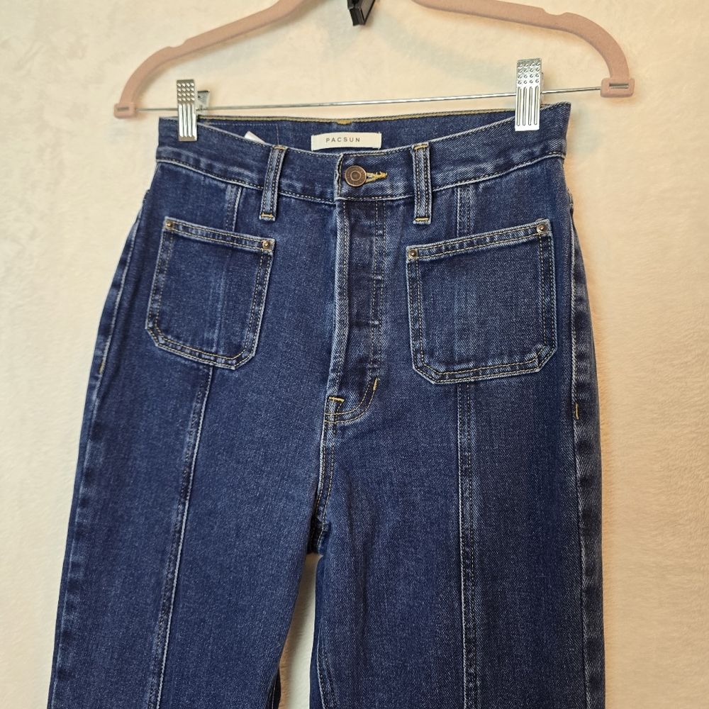 Pacsun Dark Blue Patch Pockets Front Seam Slit High Waisted Bootcut Jeans 26 EUC - Picture 3 of 12